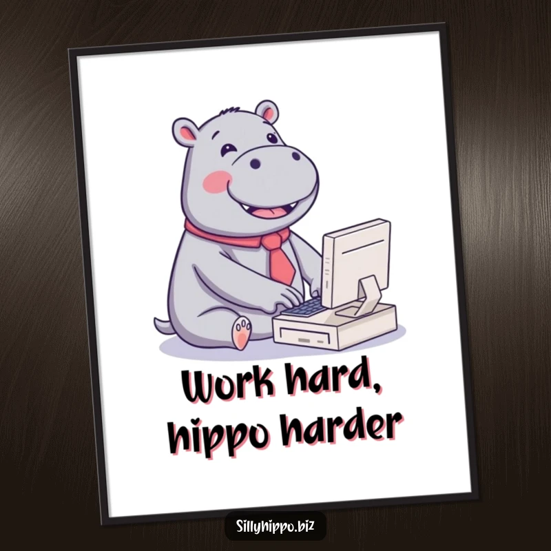 Funny Free Printable Hippo Wall Art: Kawaii hippo wearing a tiny tie, typing joyfully on a miniature computer.