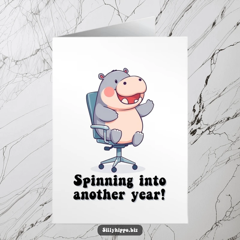 Funny Free Printable Birthday Card: Round Hippo Gleefully Spins on Office Chair, Hilarious Gift Idea