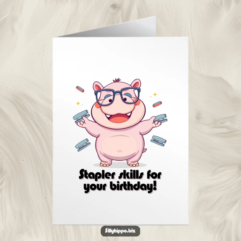 Funny Free Printable Birthday Card: Hippo in Big Glasses Giggles Juggling Staplers, Perfect DIY Funny Gift