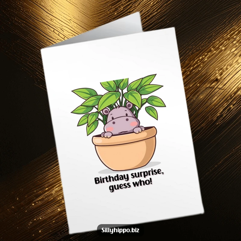 Funny Free Printable birthday card where a cute hippo is playfully peeking out from behind a large, leafy potted plant.