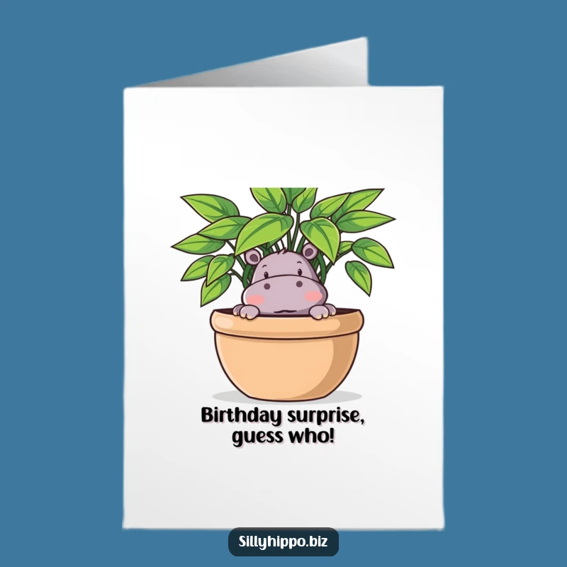 Free Printable Birthday Card: Playful Hippo Behind Plant Fun!