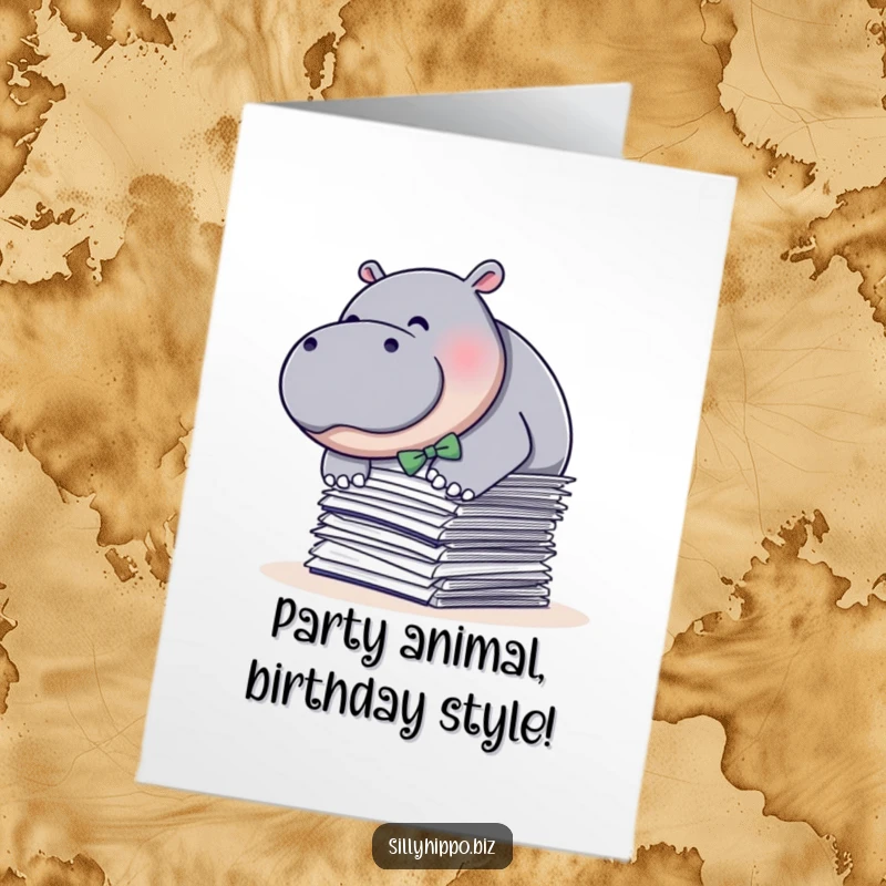 Funny free printable birthday card featuring a plump hippo in a bow tie diving into a messy stack of papers.