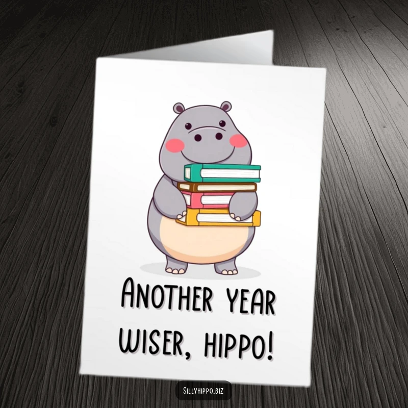 Funny Free Printable Hippo Card: Round, cheerful hippo balancing a stack of colorful office folders.