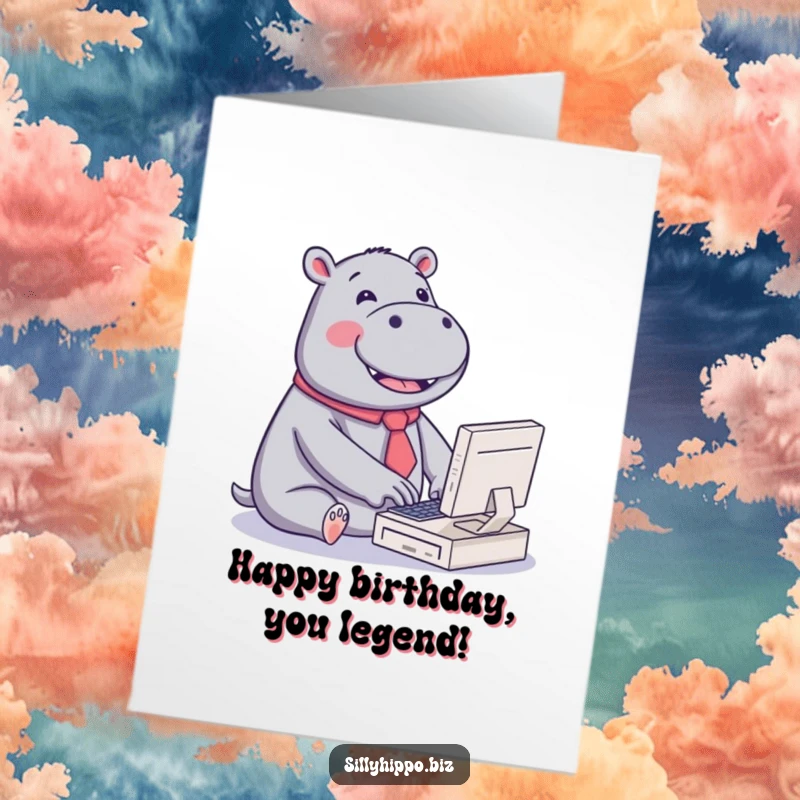 Funny Free Printable Hippo Card: Kawaii hippo in a tiny tie joyfully typing on a mini computer.
