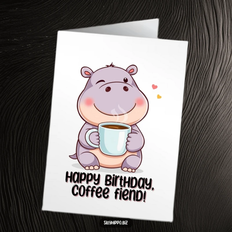 Funny Free Printable Birthday Card: Happy hippo winks while holding a steaming coffee mug, a perfect birthday greeting.
