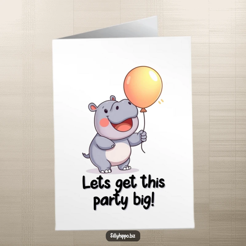 Funny Free Printable birthday card showing a joyful hippo enthusiastically puffing up a large, brightly colored balloon for a celebration.