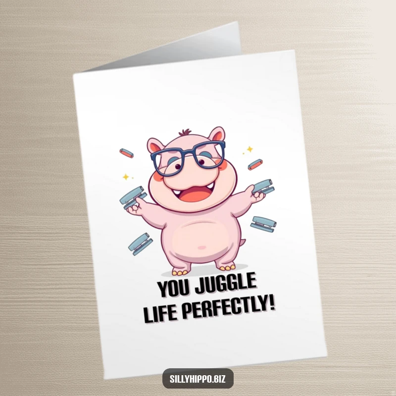 Funny Free Printable Congratulations Card: Hippo Juggling Staplers With Goofy Glasses, Great DIY Gift