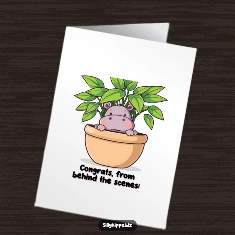Funny Free Printable congratulations card featuring a mischievous hippo peeking from behind a big houseplant, signaling a delightful surprise.