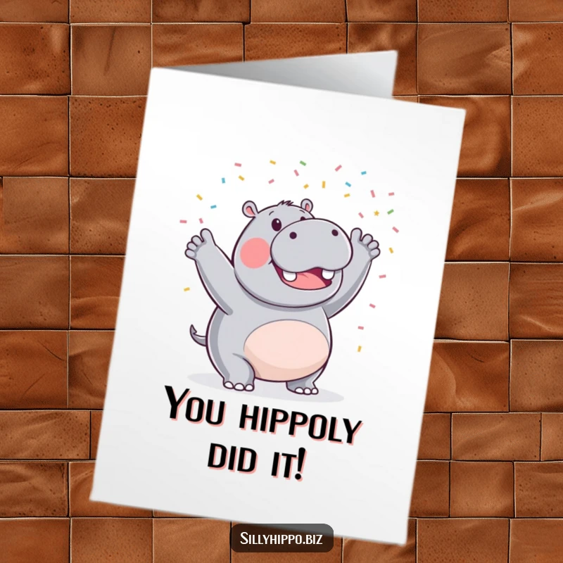 Funny Free Printable Congratulations Card: Triumphant Hippo celebrating with a shower of tiny confetti, a delightful downloadable gift.