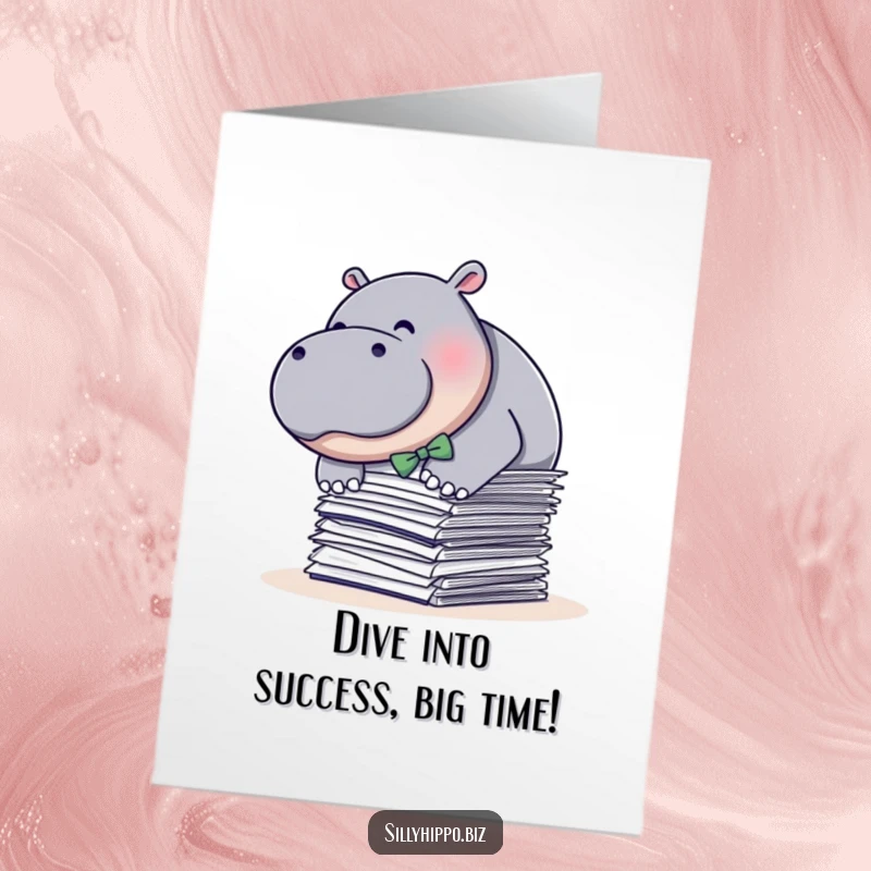 Funny free printable congratulations card showing a plump hippo in a bow tie making a paper dive.