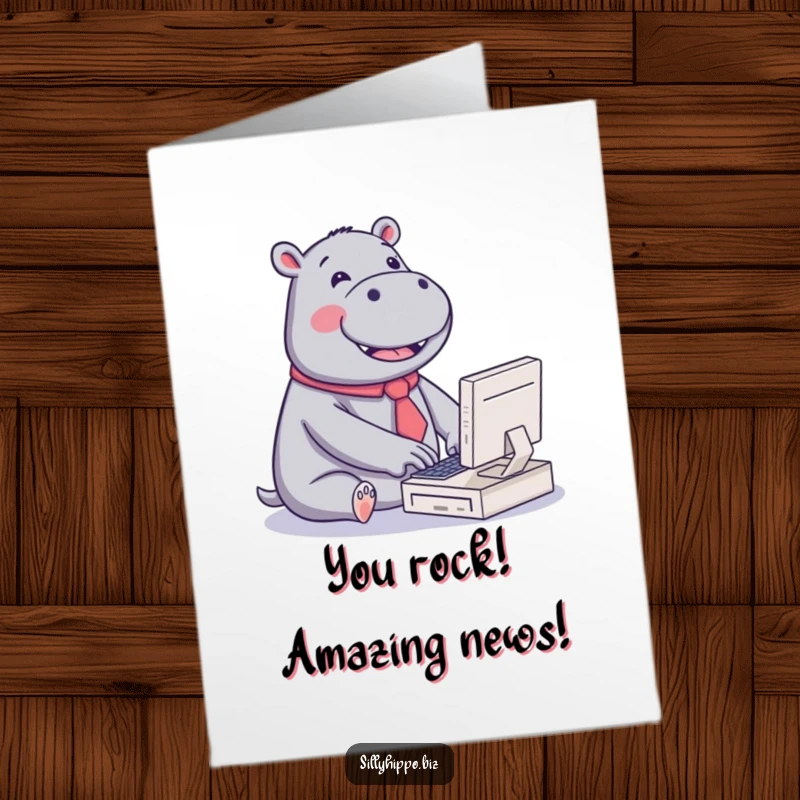 Funny Free Printable Hippo Congratulations Card: Kawaii hippo in a tie typing on a miniature computer.