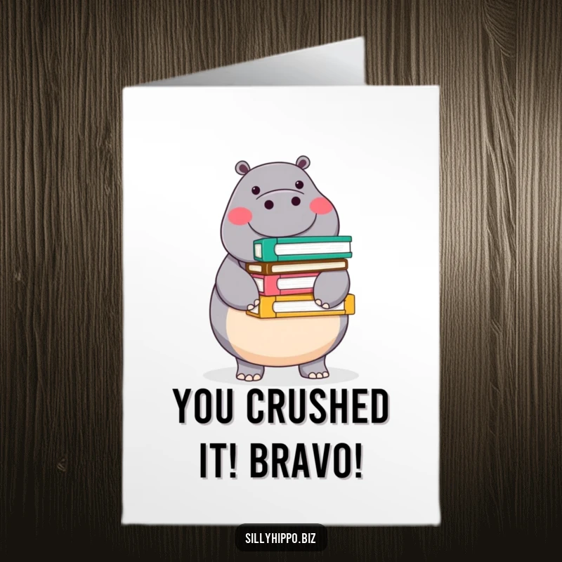 Funny Free Printable Hippo Congratulations Card: Cheerful hippo balancing a stack of colorful office folders.