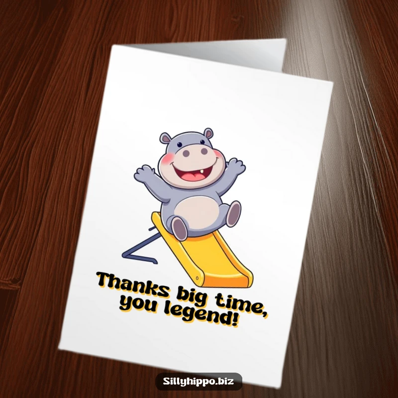 Funny Free Printable Thank You Card: Giggling hippo slides down an office slide, expressing thanks with a hilarious, energetic gesture.