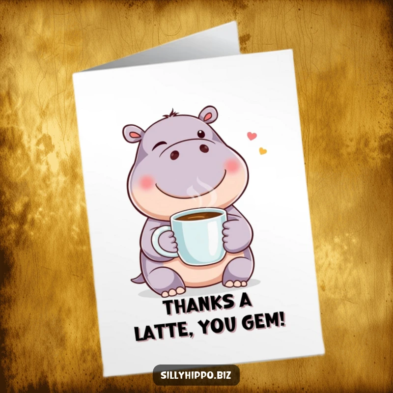 Funny Free Printable Thank You Card: A happy hippo winks while holding a steaming coffee mug, a delightful thank you gesture.