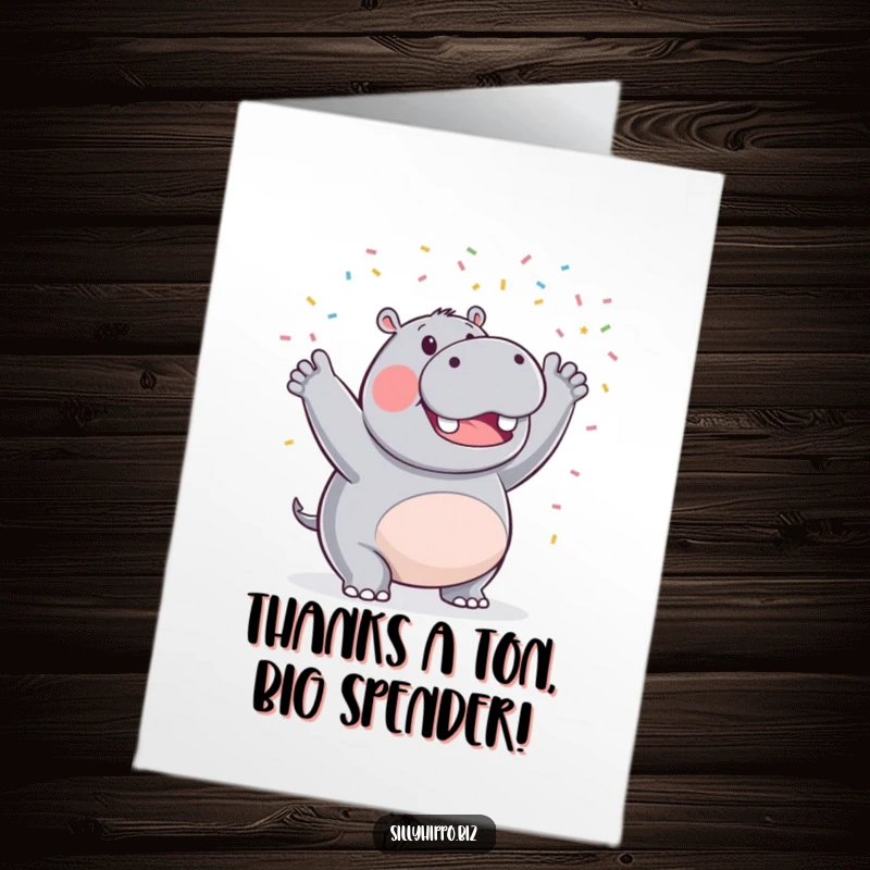 Funny Free Printable Thank You Card: Triumphant Hippo showering tiny confetti, a unique and hilarious way to say thanks.