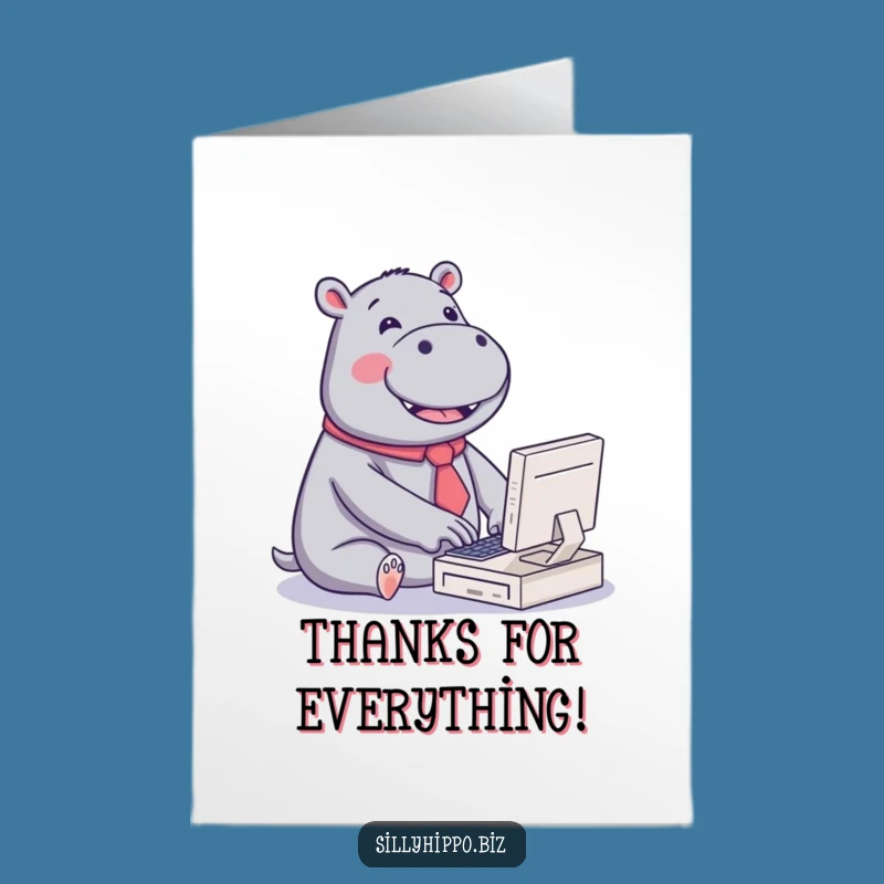 Free Printable Kawaii Hippo Thank You Card: Typing Thanks Funny Downloadable Gift