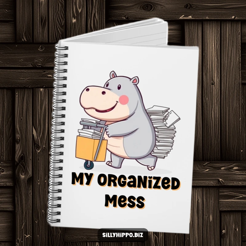 Funny Notebook cover showing a determined hippo pushing a rolling cart overflowing with papers, ideal for notes.