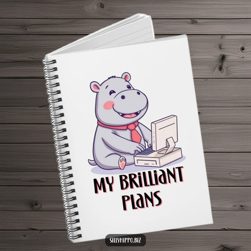 Funny notebook featuring a kawaii hippo wearing a tiny tie, joyfully typing on a miniature computer, ideal for writing with cute humor.