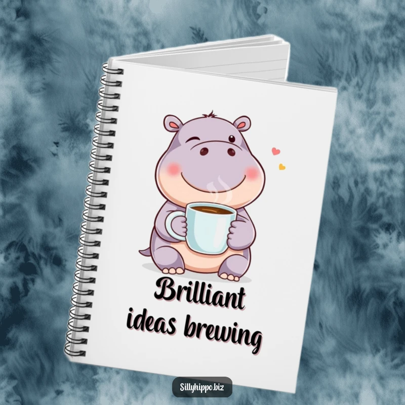 Funny notebook with a happy hippo winking while holding a coffee mug, ideal for capturing thoughts and ideas with a touch of humor.