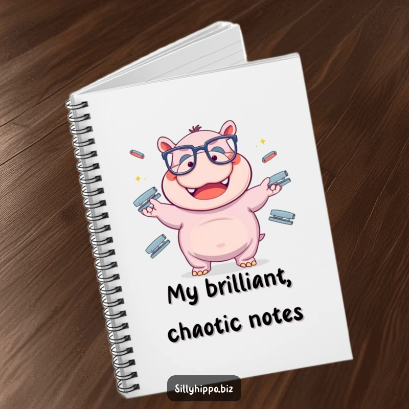 Funny hippo with oversized glasses is seen juggling office staplers on the cover of this humorous notebook.