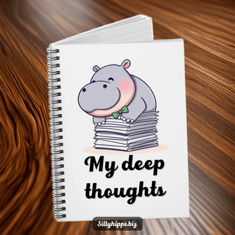 Funny notebook featuring a plump hippo in a bow tie, humorously diving into papers, perfect for notes or creative writing.