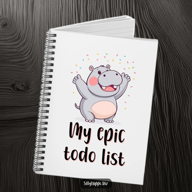 Funny notebook cover with a triumphant hippo joyfully waving a cascade of tiny celebratory confetti, inspiring creativity and celebration.