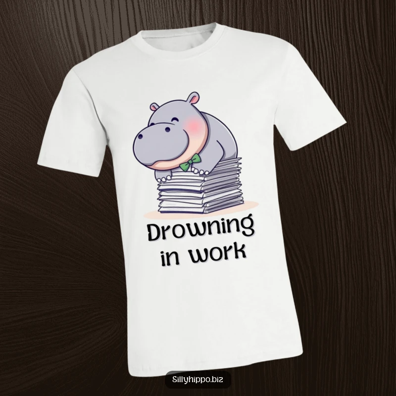 Funny t-shirt featuring a plump hippo in a bow tie, humorously diving into a large pile of papers, representing office life.