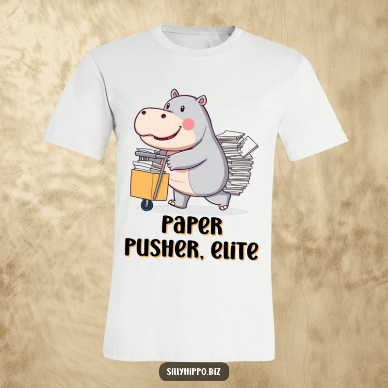 Funny T-Shirt depicting a determined hippo pushing a wheeled cart overloaded with a massive quantity of papers.