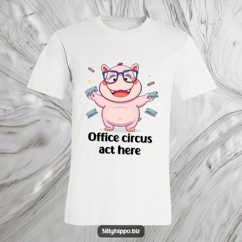 Funny hippo with huge glasses gleefully juggles office staplers, printed on a laugh-out-loud graphic tee.