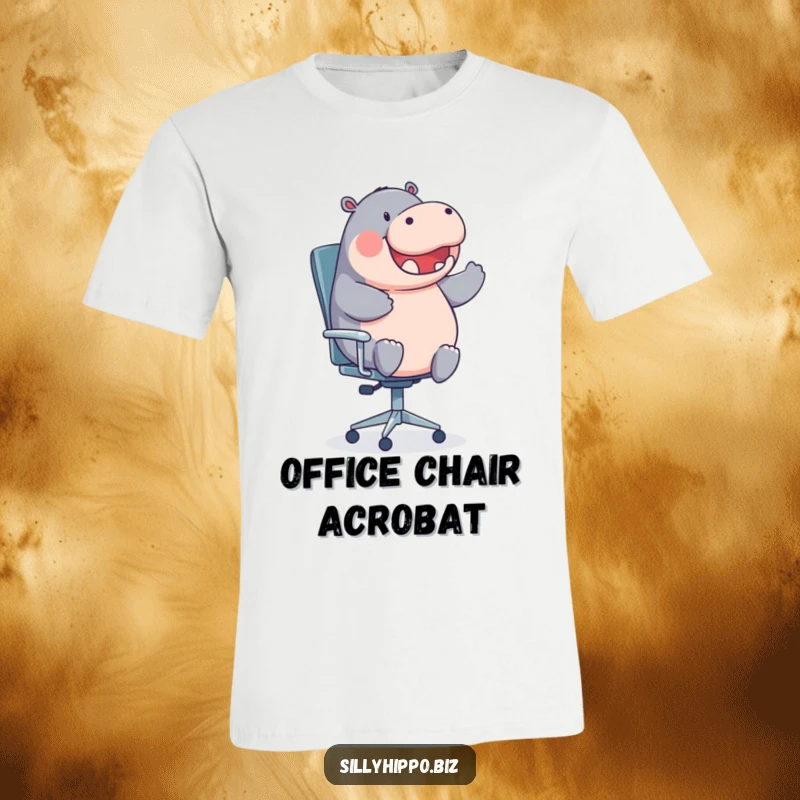 A round hippo happily spins on an office chair, printed on this hilarious and comfortable t-shirt.