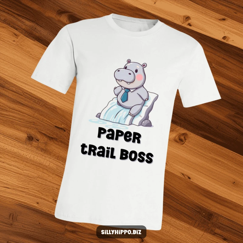 A dapper hippo in a tiny tie gleefully slides down a cascade of printer paper on this funny t-shirt.