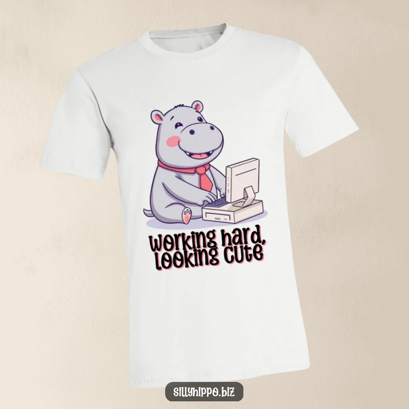 Funny t-shirt depicting a kawaii hippo in a small tie, typing energetically on a tiny computer with a joyful expression, radiating cute office humor.