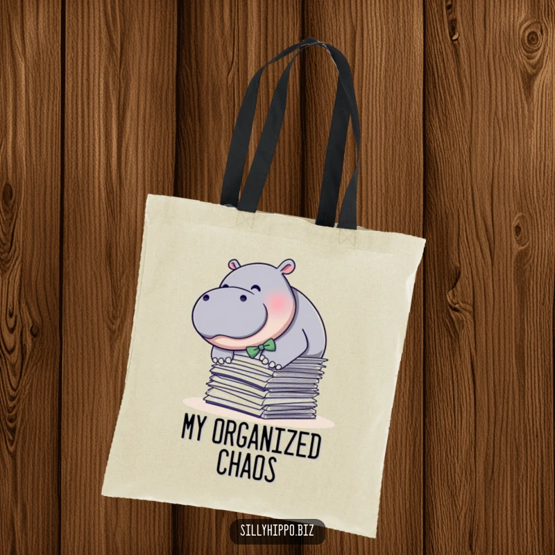 Funny tote bag featuring a plump hippo in a bow tie, diving into papers, perfect for carrying work essentials with a humorous flair.