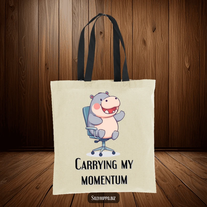 A round hippo gleefully spins on an office chair, adorning this durable and humorous tote bag.